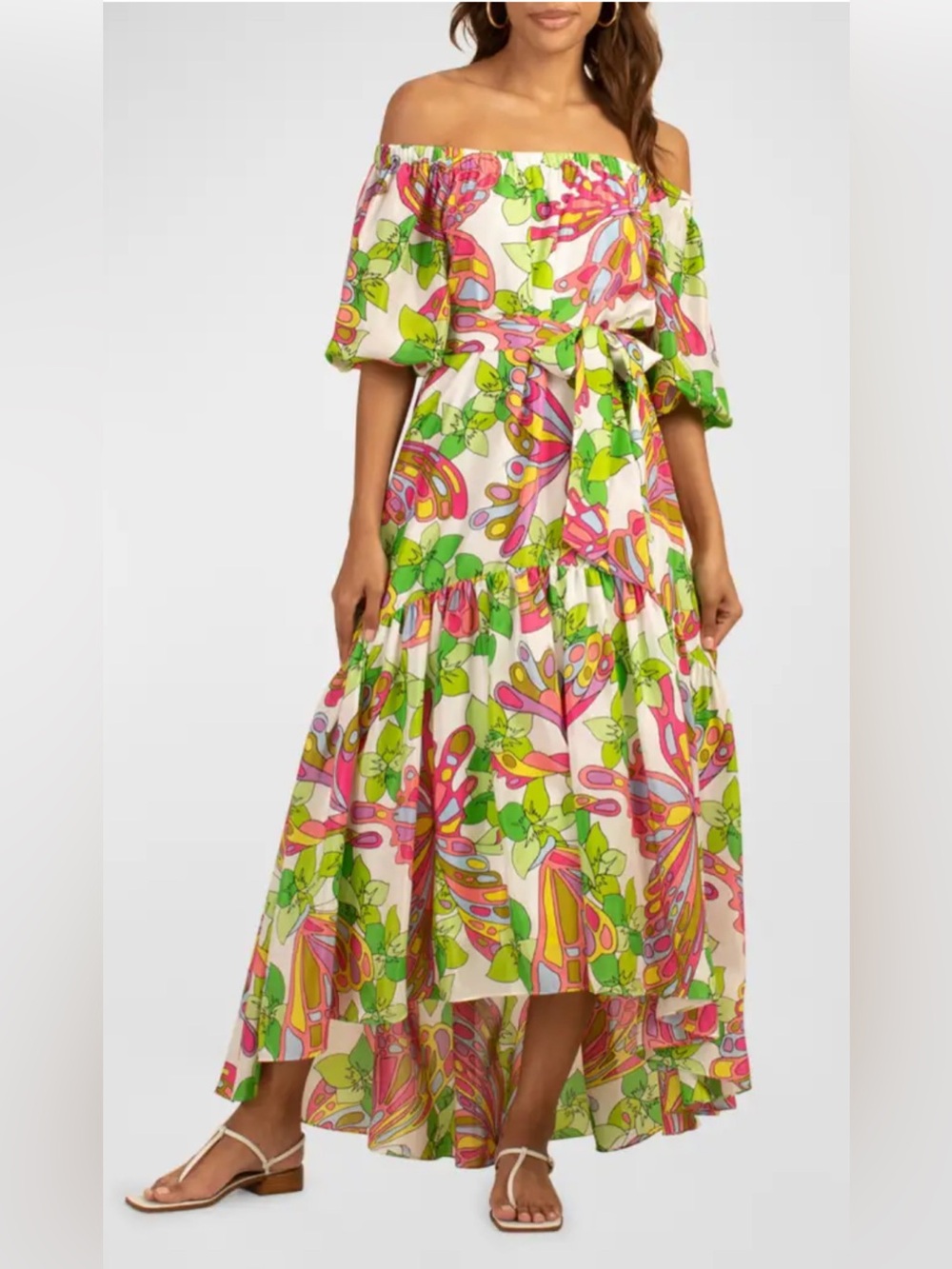 NWT $598 TRINA TURK Eye Popping Off-Shoulder High-Low Maxi Dress Size M SILK